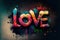 Multicolored illustrative design with the word love. Creative visual effects.