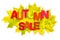 Multicolored inscription Autumn sale on a background of autumn leaves on a white background. Isolated. Business sales.