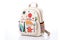 multicolored kids backpack with cartoon motifs, white