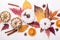 Multicolored leaves and white pumpkins closeup. Creative autumn layout
