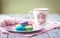 Multicolored macaroon cookies on plate