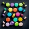 Multicolored macaroons over dark grey background, flatlay view. Generative AI illustration
