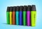 Multicolored markers 3d render isolated on a gradient background