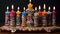 A multicolored menorah with five lit candles, AI