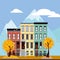 Multicolored multi-party houses at the foot of the mountains. Flat cartoon vector illustration of Autumn city landscape. Three-