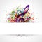 Multicolored musical explosion of notes vector template. Monochrome art with white stripe and creative designs.