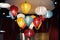 Multicolored national Vietnamese lanterns. A beautiful decoration for outdoors and indoors