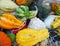 Multicolored orange and green pumpkins on straw. Decoration for Halloween