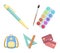 Multicolored paints with a tassel, pen, triangle and ruler, satchel, briefcase. School and education set collection