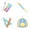 Multicolored paints with a tassel, pen, triangle and ruler, satchel, briefcase. School and education set collection