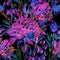 Multicolored pattern with neon bright hydrangea flowers and herbs on black background