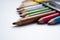 Multicolored pencils. Twelve pencils. Colored pencils for creativity. Color pencils for drawing