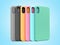 Multicolored phone cases presentation for showcase 3d render on blue gradient