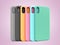 Multicolored phone cases presentation for showcase 3d render on color gradient