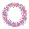 Multicolored positive cute graphic vector wreath of pink blue lilac gradient triangles of girlish pastel shades isolated object on
