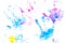 Multicolored prints of children`s hands and feet on white background. Abstract painted background. Children`s art and painting