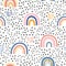 Multicolored rainbows, hearts and black dots seamless repeat pattern. Hand drawn repeat pattern for wrapping, fabrik, textile.