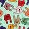 Multicolored Rock hand sign seamless pattern. Rock and roll back