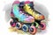 Multicolored roller skates on a white background, cartoon illustration