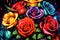 Multicolored roses flowers oil painting on canvas, beautiful colorful flowers background