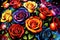 Multicolored roses flowers oil painting on canvas, beautiful colorful flowers background
