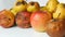 Multicolored rotten spoiled ripened apples and one ripe apple on white background.