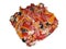 Multicolored salad with cheese, tomatoes, onion, black olives, and paprika