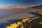 Multicolored Salt Lake with flamingos on the Bolivian Andes