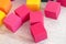 Multicolored soft foam cubes at children playground. Bright colorful toys. Kids party entertainment and decoration