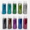 Multicolored sparkles in transparent jars on a white background. Set of 10 colors. Sparkles for slime. Spangles for manicure.