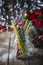 Multicolored spiral straw cocktails in a glass jar Mason on a festive New Year`s background. Sweet table. A table with a drink.