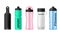 Multicolored sports bottle set realistic vector matt plastic and metallic containers for water