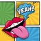 Multicolored square banner in pop art style halftone with stripes and mouth with tongue out and cloud callout yeah text