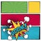 Multicolored square banner in pop art style halftone with stripes and scream dialog callout boom text