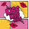 Multicolored square banner in pop art style halftone with stripes and set lips and callout with kiss text