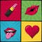 Multicolored square banner in pop art style with stripes and dots with lipstick heart and mouth