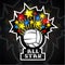 Multicolored stars fly out from volleyball ball and text all star. Vector sport logo