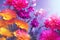 Multicolored summer flowers background with vivid intense colors. Generative Ai