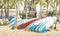 Multicolored surfboards at Waikiki Beach in Honolulu Hawaii