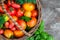Multicolored tomatoes on wooden background