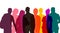 Multicolored transparent silhouettes of men and women, a group of standing business people. Isolated vector illustration