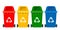 Multicolored trash bins with recycling symbols for e-waste, plastic, metal, glass, paper, organic trash. Vector illustration