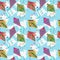 Multicolored vibrant kites watercolor seamless pattern with blue sky and white clouds