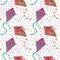 Multicolored vibrant kites watercolor seamless pattern with rainbow polka dots