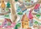 Multicolored watercolor painting, geometric seamless pattern for children depicting a fairytale village