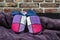 Multicolored winter woman`s slippers with blue wool socks