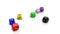 Multicolour 3D dices rolling into a white environment