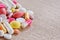 Multicoloured pills and capsules