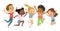 Multicultural boys and girls play together, happily jump and dance. Concept of fun and vibrant moments of childhood