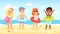 Multicultural children have fun and jumping on the beach. Boys and girls with inflatable rubber circles run near the sea. Happy ki